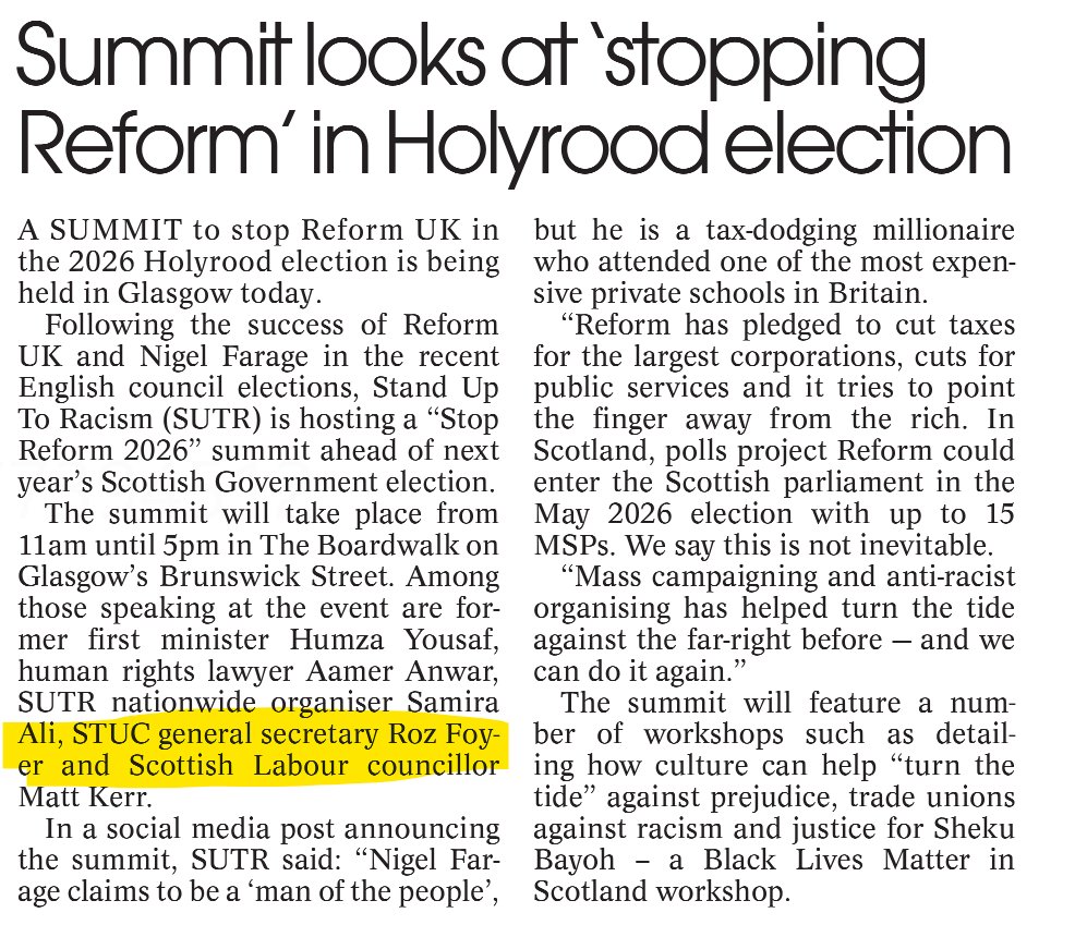 There’s a summit in Glasgow today aimed at “stopping” Reform UK.

Reform is a legal, democratic party with growing support. Why are they trying to silence them?

Do they only believe in democracy when it suits them?

(I wonder if Roz is dialling in from her third home in Spain?)