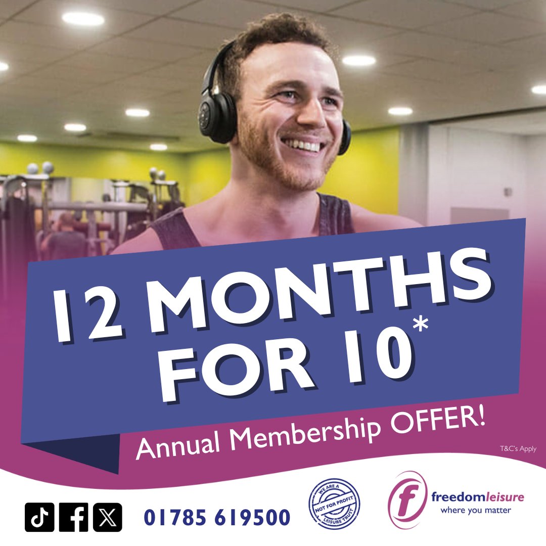 GET 12 MONTHS FOR THE PRICE OF 10 at Stafford Leisure Centre - To find out more on annual membership offers for gym, swim and exercise classes access click here - ow.ly/1ZNw50VP4m9