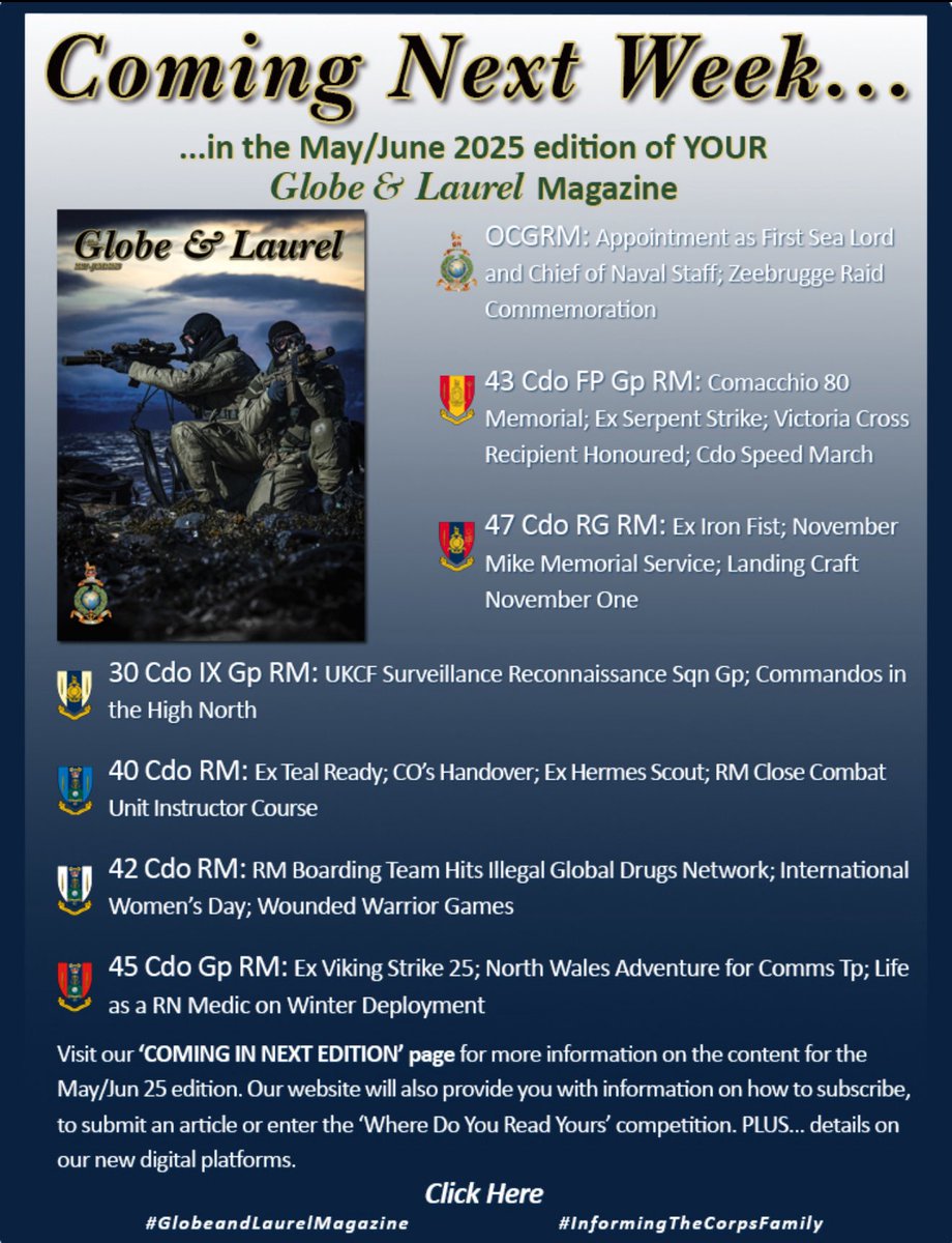Coming Next Week... Globe &amp; Laurel Magazine

The May/June 2025 Edition of YOUR Globe &amp; Laurel Magazine is nearly here! What’s Inside?
 
Visit our ‘COMING IN NEXT EDITION’ page for full details of the May/June issue.

🔗 royalsmag.co.uk/?fbclid=PAQ0xD…
#RMfamily #RMA