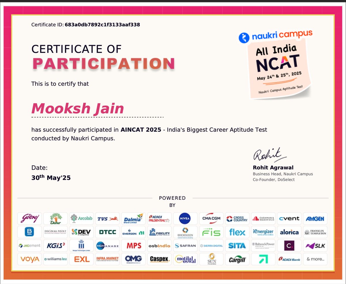 Maverickbitcode's tweet image. Just received my certificate for participating in AINCAT 2025 – India’s Biggest Career Aptitude Test by @naukricampus!
Proud to have secured an All India Rank of 11,542 among lacks of participants 🧠📈
Excited for what’s next! 💪