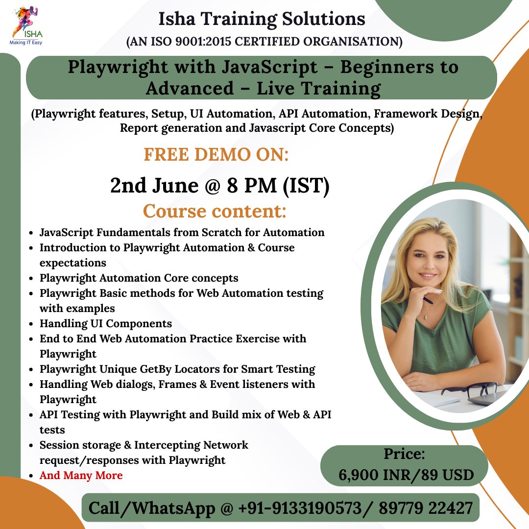 IshaKumargupta's tweet image. Playwright with JavaScript-Live Training
Free Demo On
2nd June @ 9PM(IST)/2nd June @ 11:30AM(EST)/2nd June @ 4:30PM(BST)
For Registration,you can register by joining the below Link
docs.google.com/forms/d/e/1FAI…
call/WhatsApp @ +91-91331 90573/8977922427
#PlaywrightJS #JavaScriptTesting