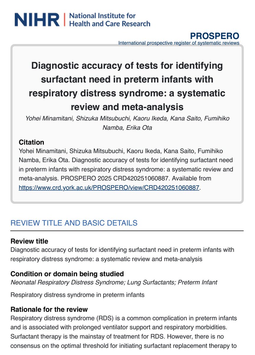 JAPANicu's tweet image. Minamitani, et al. have published a protocol for a systematic review in PROSPERO!
“Diagnostic accuracy of tests for identifying surfactant need in preterm infants with respiratory distress syndrome: a systematic review and meta-analysis”
crd.york.ac.uk/PROSPERO/view/…
#neotwitter
