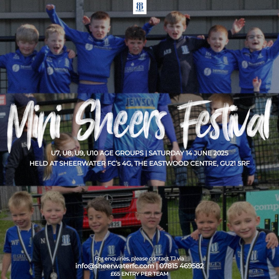 Sheerwater FC (@sheerwaterfc) on Twitter photo We are looking to fill the last remaining slots for the Mini Sheers Tournament on Saturday 14th June ⚽️
There are the following spaces available for teams to enter:
U7s - 1 team
U8s - 2 teams
U9s - 2 teams
U10s - 1 team
Contact us via dm, email info@sheerwaterfc.com or call TJ We are looking to fill the last remaining slots for the Mini Sheers Tournament on Saturday 14th June ⚽️
There are the following spaces available for teams to enter:
U7s - 1 team
U8s - 2 teams
U9s - 2 teams
U10s - 1 team
Contact us via dm, email info@sheerwaterfc.com or call TJ