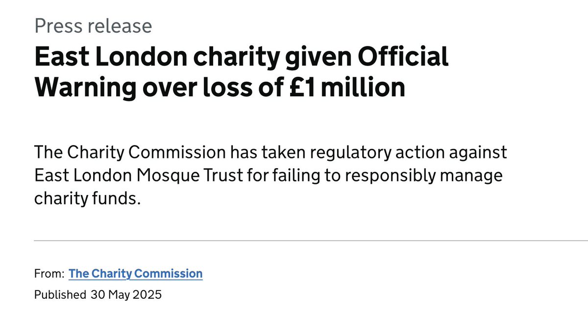 'East London Mosque Trust over an investment deal which resulted in the loss of £1 million.

The charity had invested £1 million in an NHS-approved supplier, expecting a 20% return in 6 months, but the supplier was forced into administration, resulting in a loss for the charity.'