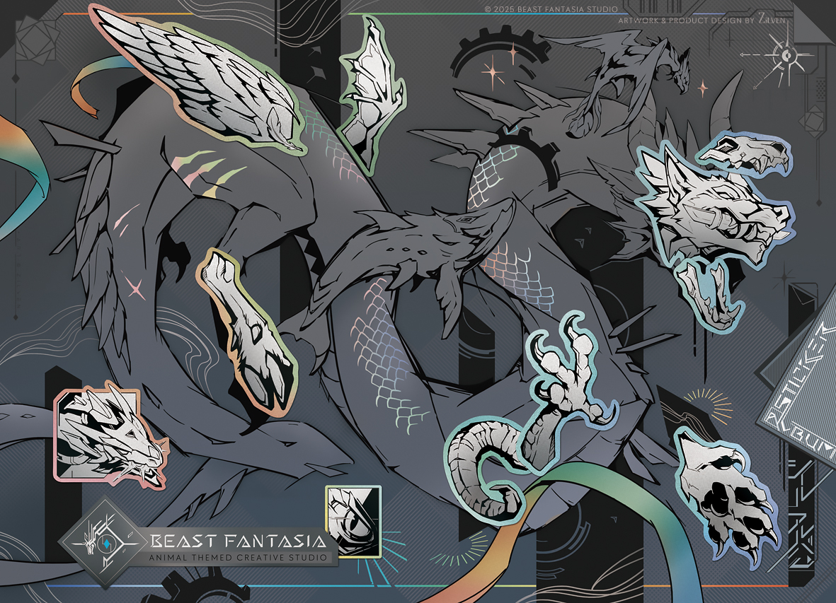 "Mix'ture" | 2025.05

Art for @Beastfantasia's upcoming sticker album.
Beast-themed elements layered as stickers form a mythical hybrid.
The album is finished with cold foil stamping, adding a metallic sheen.

Launching at Furrymosa in mid-June.
