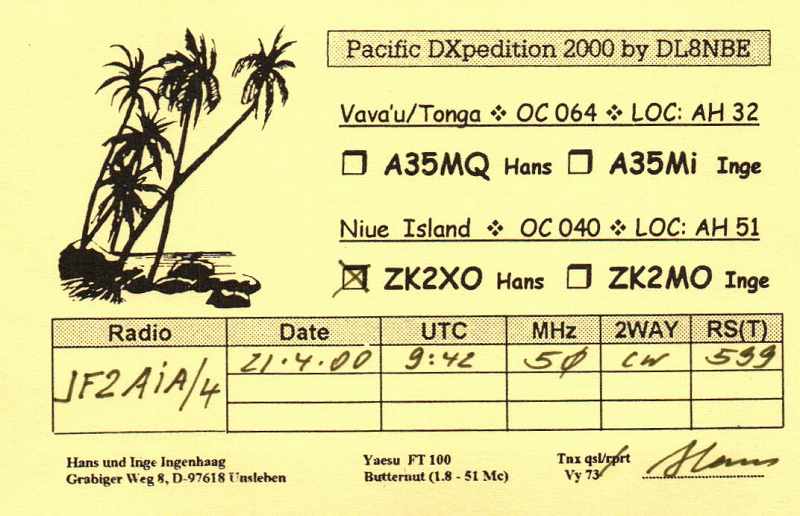 E6RS 50.303MHz FT8
２エレで何とかQSOできました。
Niueは2000年4月21日に「ZK2XO」とCWでQSO以来。