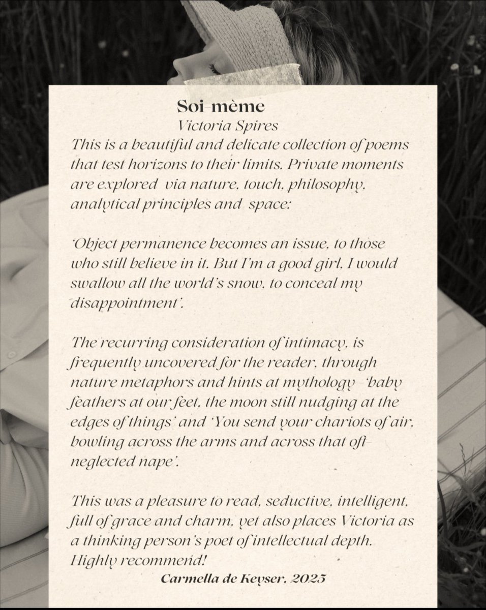 CarmellaPoetry's tweet photo. My thoughts on this beautiful and elegant pamphlet by Victoria Spires.
@vic_spires 
#mustread
#poetrycollections
#beautifulwords
#victoriaspires https://t.co/MQXwdYcULL