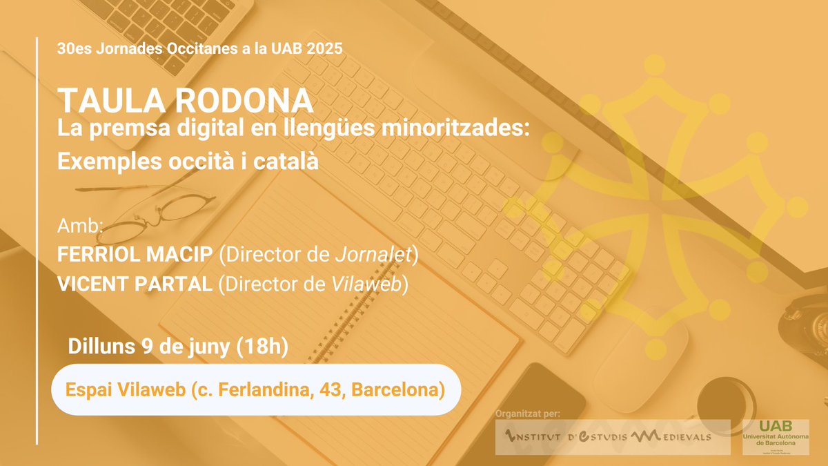 Rocafera's tweet photo. Taula redona sus la premsa numerica en lengas minorizadas. 
Diluns 9 de junh a Vilaweb.

Eveniment organitzat per l'Arxiu Occitan de l’UAB e inscrivut au programa de las 30as Jornadas Occitanas a l'UAB 2025. https://t.co/MWnM5fkgcV