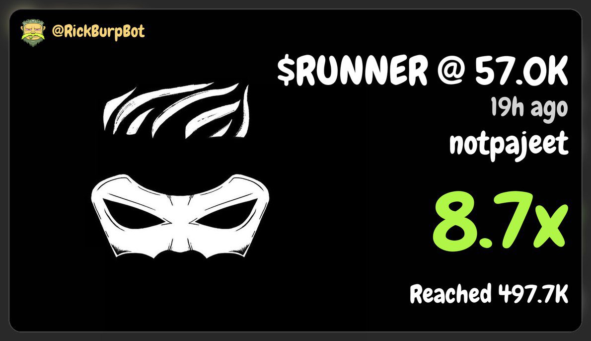 Caught $Runner at 57k . My parting gift for <a href="/DegenHeadsDao/">DegenHeroes</a> . 

Farewell friends .