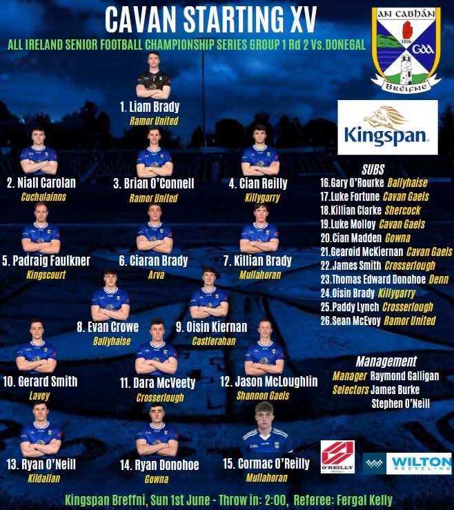Best wishes to Liam Brady,Brían O'Connell,Sean McEvoy &amp; the <a href="/CavanCoBoardGaa/">Official Cavan GAA</a> Senior team and management in tomorrow's clash with <a href="/donegalgaa/">Donegal GAA</a> in Kingspan Breffni