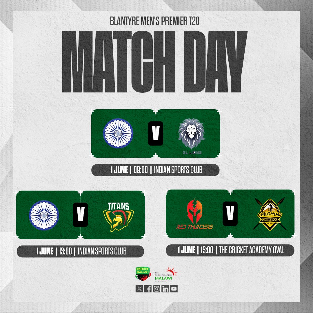 cricketmalawi's tweet image. 🏏 BLANTYRE MEN’S PREMIER T20 – TOMORROW! 🔥

3 big games. 2 venues. 1 unmissable day of cricket!
📍ISC
9AM: ISC Blue🆚SL Lions
1PM: Indian Sports Club🆚Zomba Titans
📍TCA Oval
1PM: Red Thunders 🆚 Chilomoni Chiefs
#CricketMalawi #MensT20 #GameDay #SupportLocalTalent #TCAOval