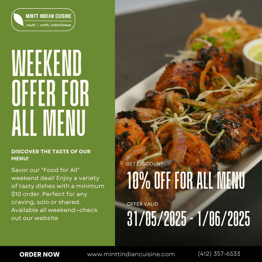 MinttIndian's tweet photo. 🎉 Weekend cravings? We've got you covered! Get 10% OFF all menu items from May 31 to June 1! 🍽️

🛍️ Order online with a minimum $10 and save big: https://t.co/zqbf5qpMha

#WeekendOffer #FoodDiscount #MinttDeals #IndianFoodLovers #SaveOnFood #TandooriTime #SpicySavings https://t.co/bZCdmwPUrC