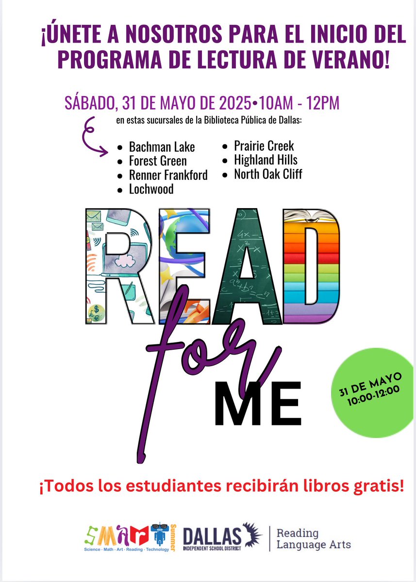 DrGplus1's tweet photo. 📚 TODAY is the day! Join us from 10AM–12PM for our Summer Reading Kick-Off! 🎉 Free books for all students—let’s make reading fun all summer long! #ReadForMe @dallasschools 🌞📖 https://t.co/QBSmZjn0ek