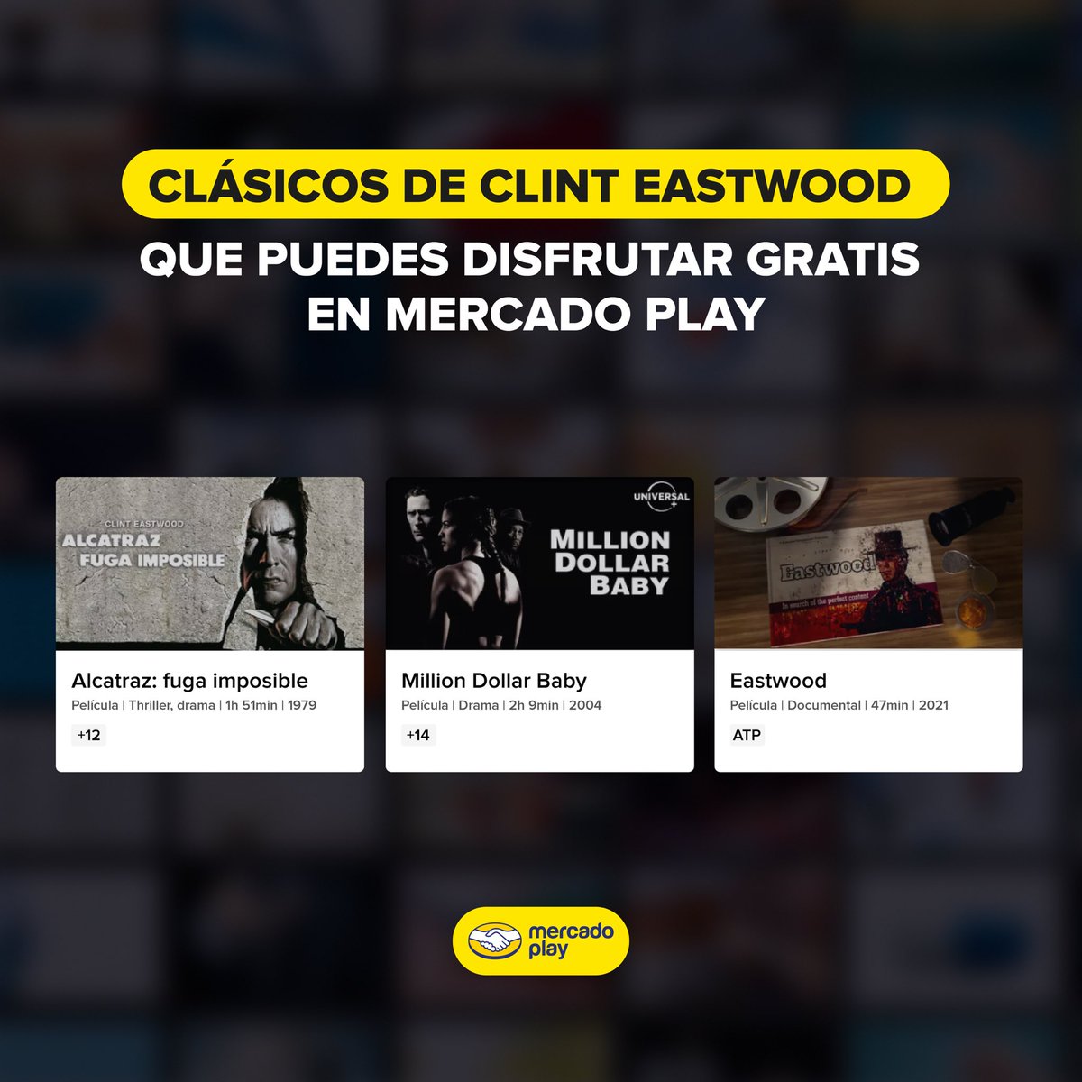 🎬 Clint Eastwood cumple 95 años y en Mercado Play lo celebramos con 3 de sus grandes películas.

Ya son más de 5 millones de personas las que disfrutan de nuestros contenidos gratis en toda la región.