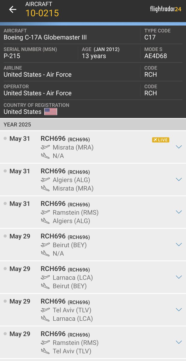 Borrowed7Time's tweet photo. USAF C-17A 10-0215 #AE4D68 as RCH696 departed Misrata. Aircraft arrived from Algiers 1229z. 

Quite an active itinerary for this one over the past few days.
@sipjack1776 @Dinlas3 @bob_boobs2 @LebanonJets https://t.co/umTUh0CJ1O