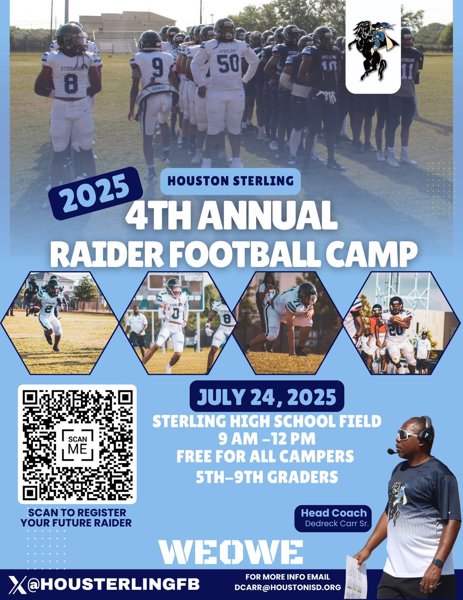 🚨4th Annual Raider Football Camp 
🗓️ July 24th
⏰ 9 a.m.-12 p.m.
📍 Sterling High School Football Field

#WeOWE | <a href="/housterlingath1/">housterlingathletics</a> |<a href="/CarrDedreck/">Dedreck K. Carr Sr.</a> | #RaiderAthletics
#FutureRaiders | #WeComing