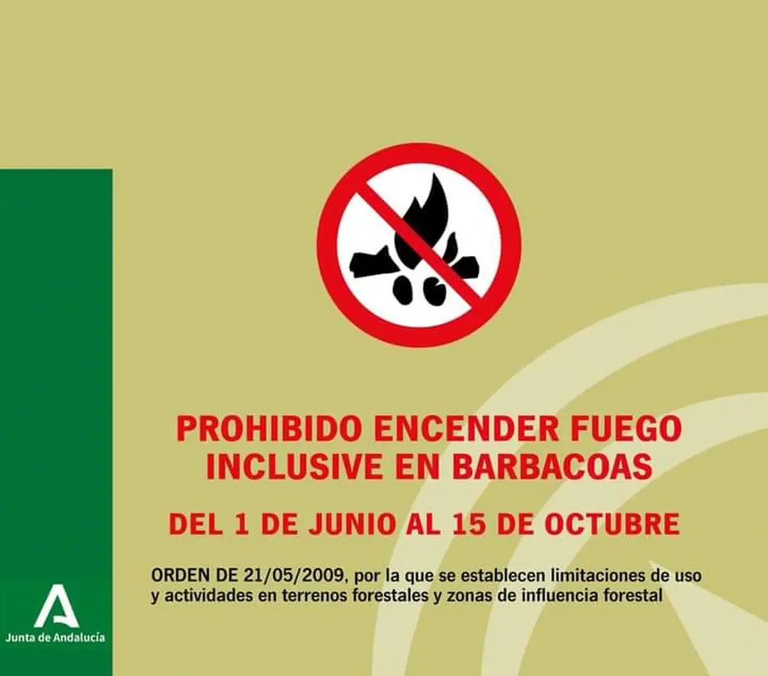 A partir del 1 de junio (domingo) y hasta el próximo 15 de octubre, comienza el periodo de alto riesgo de incendio y por tanto, LA PROHIBICIÓN DEL USO DEL FUEGO en espacios naturales (incluso en barbacoas).