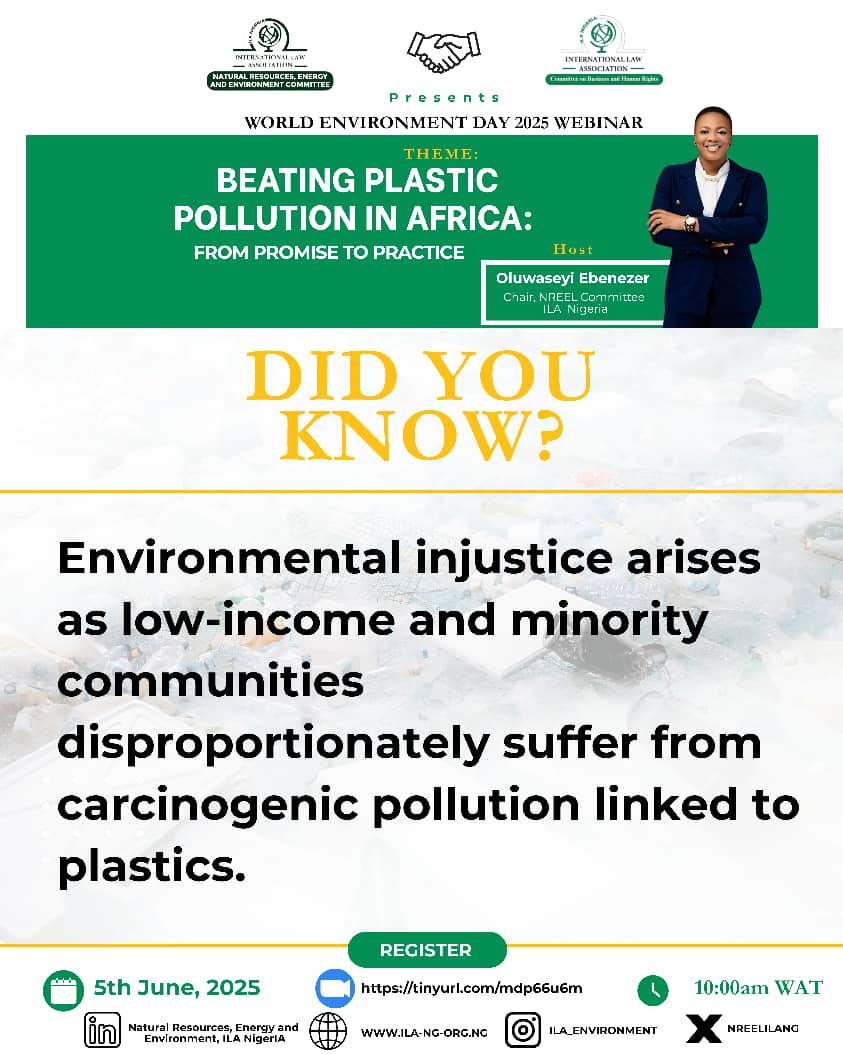 WORLD ENVIRONMENT DAY 2025 WEBINAR🌍

🎯 THEME: BEATING PLASTIC POLLUTION IN AFRICA: FROM PROMISE TO PRACTICE

📅 Date: 5th June, 2025
🕑Time: 10:00 AM WAT
📍Venue: Zoom
🔗Registration link: tinyurl.com/mdp66u6m