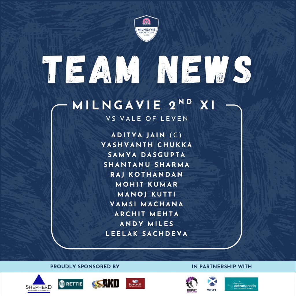 The weather today doesn’t look but it’s game on for ✅ … for now 🤞 

🏏 2nd XI vs <a href="/volcc_1852/">Vale of Leven CC</a> 
🏟️ Millburn Park
🕰️ 12:00
🏆 Championship 3

Team news below  ⬇️