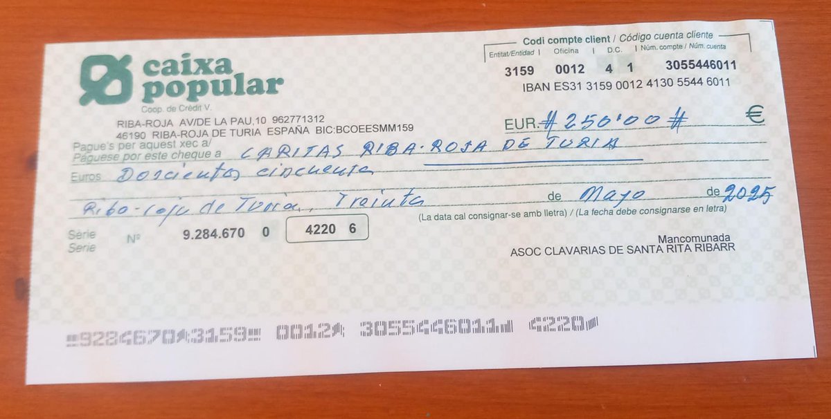 Muchísimas gracias a las Clavariesas de Santa Rita la donación de 250 euros a Caritas Parroquial Ribarroja.