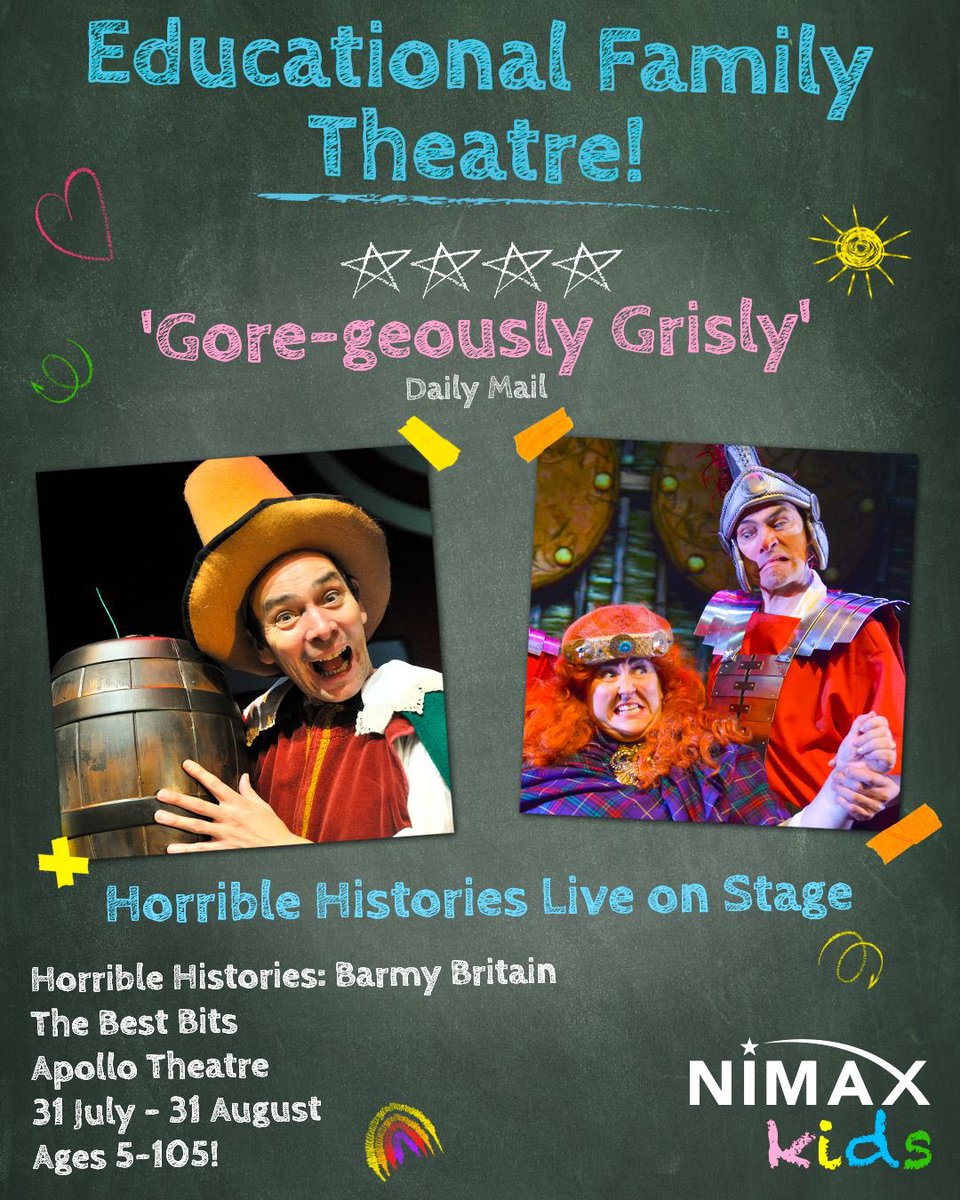 NimaxTheatres's tweet image. Nimax Kids is BACK! 🎉
Kicking off this July, experience a summer full of theatrical family fun with The Smeds and the Smoos and Horrible Histories: Barmy Britain ☀️
With tickets from just £10, head to the link in bio to book now 🎟️