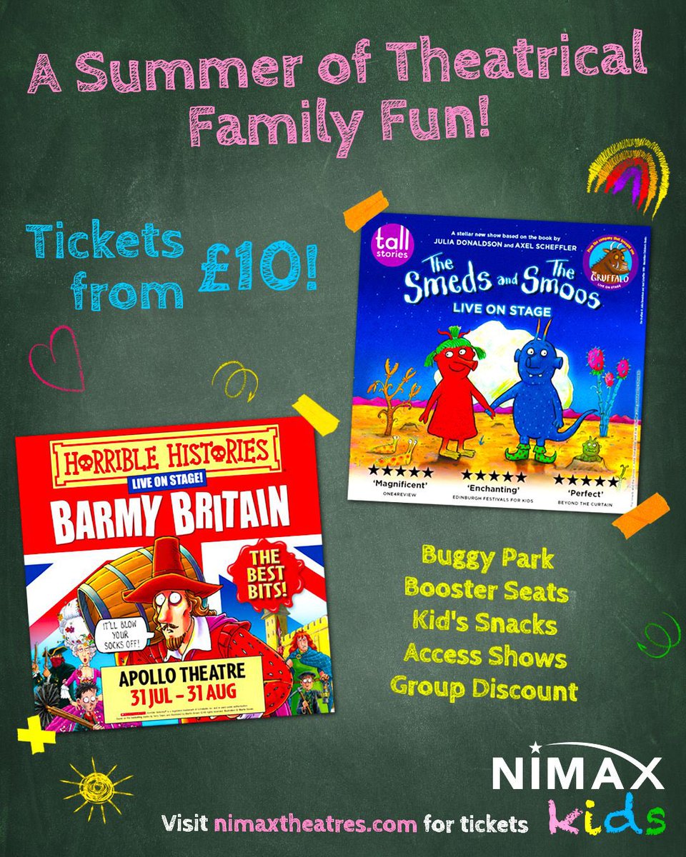NimaxTheatres's tweet image. Nimax Kids is BACK! 🎉
Kicking off this July, experience a summer full of theatrical family fun with The Smeds and the Smoos and Horrible Histories: Barmy Britain ☀️
With tickets from just £10, head to the link in bio to book now 🎟️