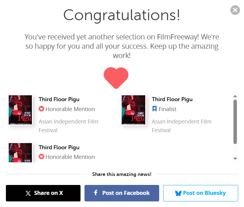 hipipo's tweet photo. Update Alert!

Two Honourable Mentions and one Finalist at the Asian Independent Film Festival — marking our 26th international selection with a 90% selection rate!
#ThirdFloorPigu continues to prove why it’s the best film Africa has ever made.

Onward and upward!

#MadeOfGOD https://t.co/mDZqZ8ydnu