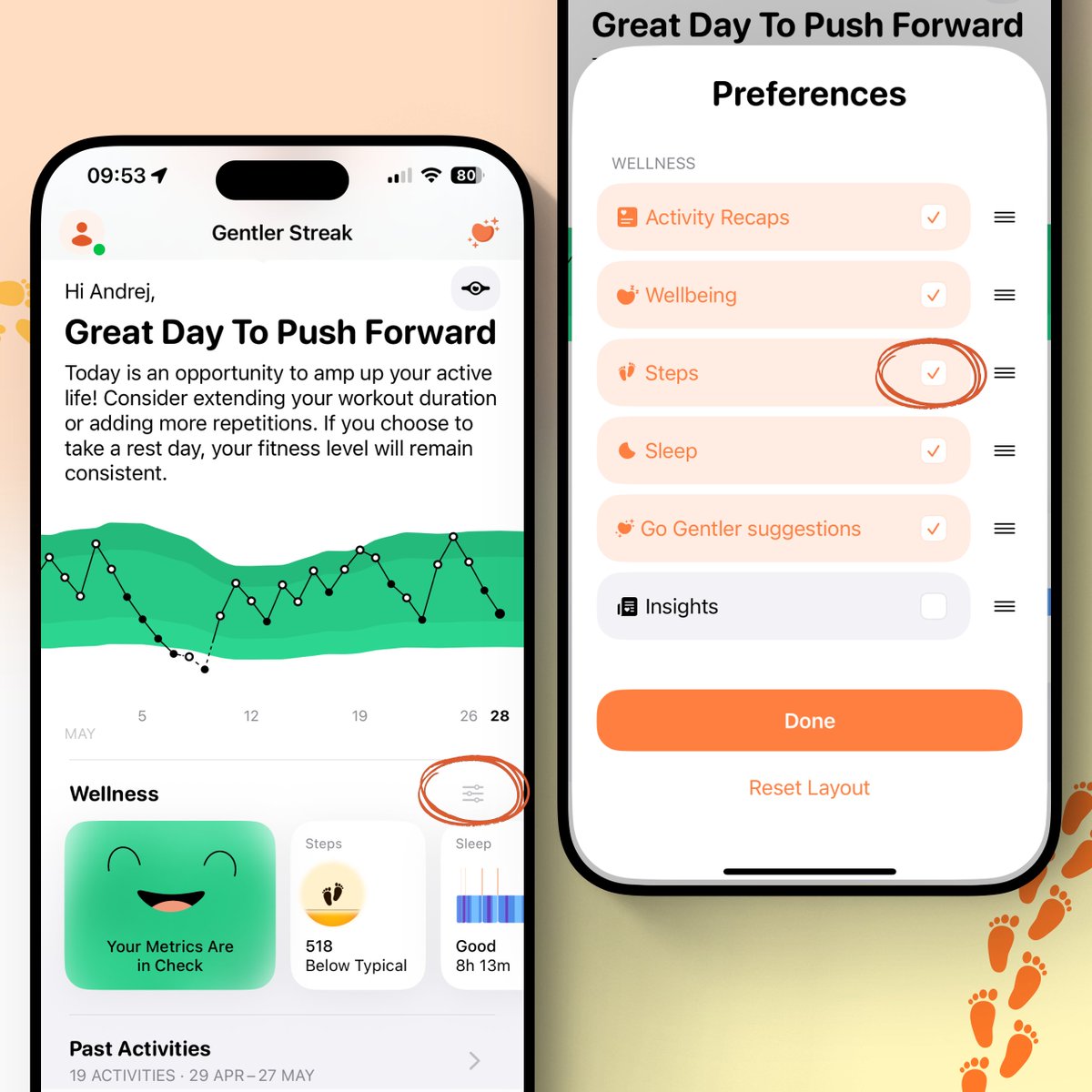 Gentler_App's tweet photo. Steps, like all our features, come with personal settings.
They sit in Wellness, where you can reorder or hide metrics to your liking.
โDonโt want steps to count towards your Activity Path efforts? Turn them off.
๐Want them tracked but out of sight? Just hide them.
#Tminus5 https://t.co/mSuOoINCF9