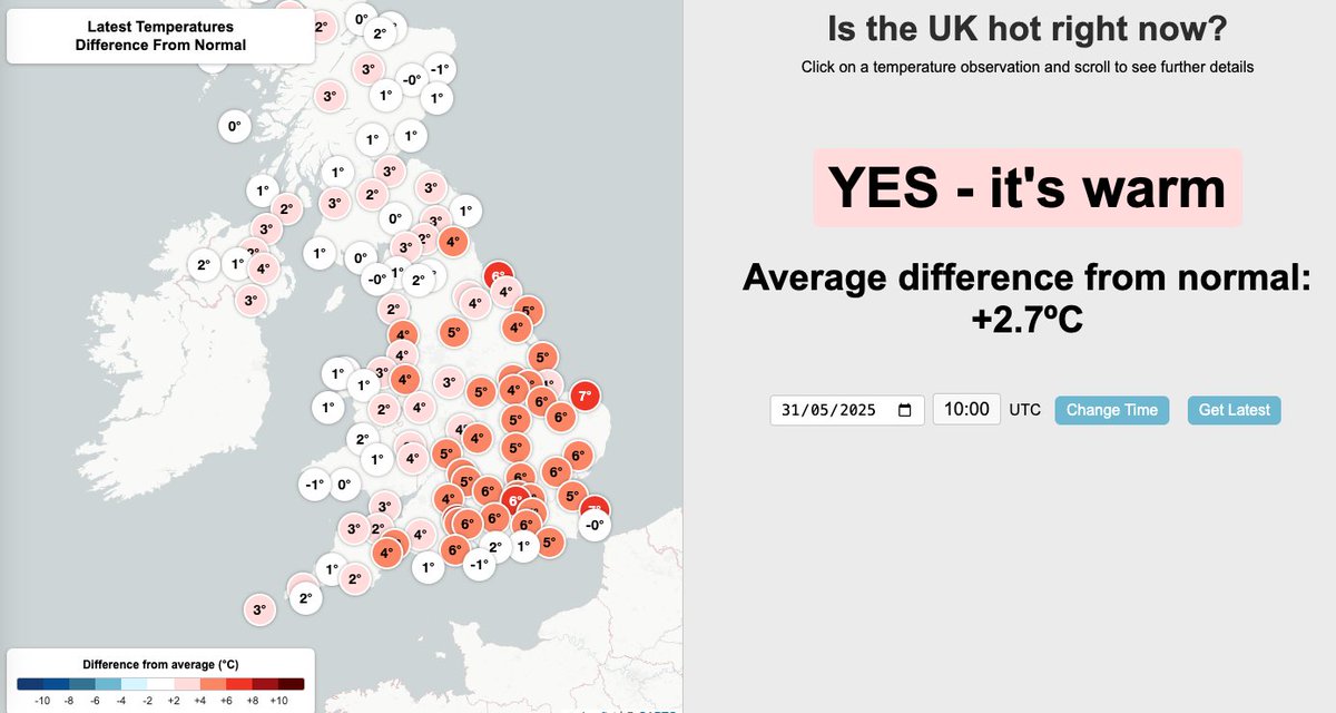 Ed Hawkins (@ed_hawkins) on Twitter photo 11am on 31st May
The UK is warm: 2.7°C above normal for the time of day & day of the year. Some places are 6-7°C above normal.
Note coastal locations where a sea breeze is keeping the temperatures around normal.
Updated every hour: istheukhotrightnow.com
(by <a href="/RoostWeather/">Dan Harris</a>) 11am on 31st May
The UK is warm: 2.7°C above normal for the time of day & day of the year. Some places are 6-7°C above normal.
Note coastal locations where a sea breeze is keeping the temperatures around normal.
Updated every hour: istheukhotrightnow.com
(by <a href="/RoostWeather/">Dan Harris</a>)