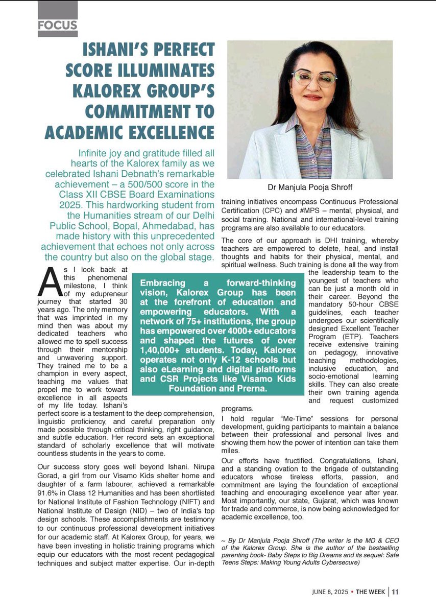 Kalorex is now recognised as a titan in K-12 education in India. The June 2025 edition of The Week magazine featured a story on Ishani Debnath, the CBSE Class 12 Humanities topper, highlighting her success, the path she took, and the hard work she put in.