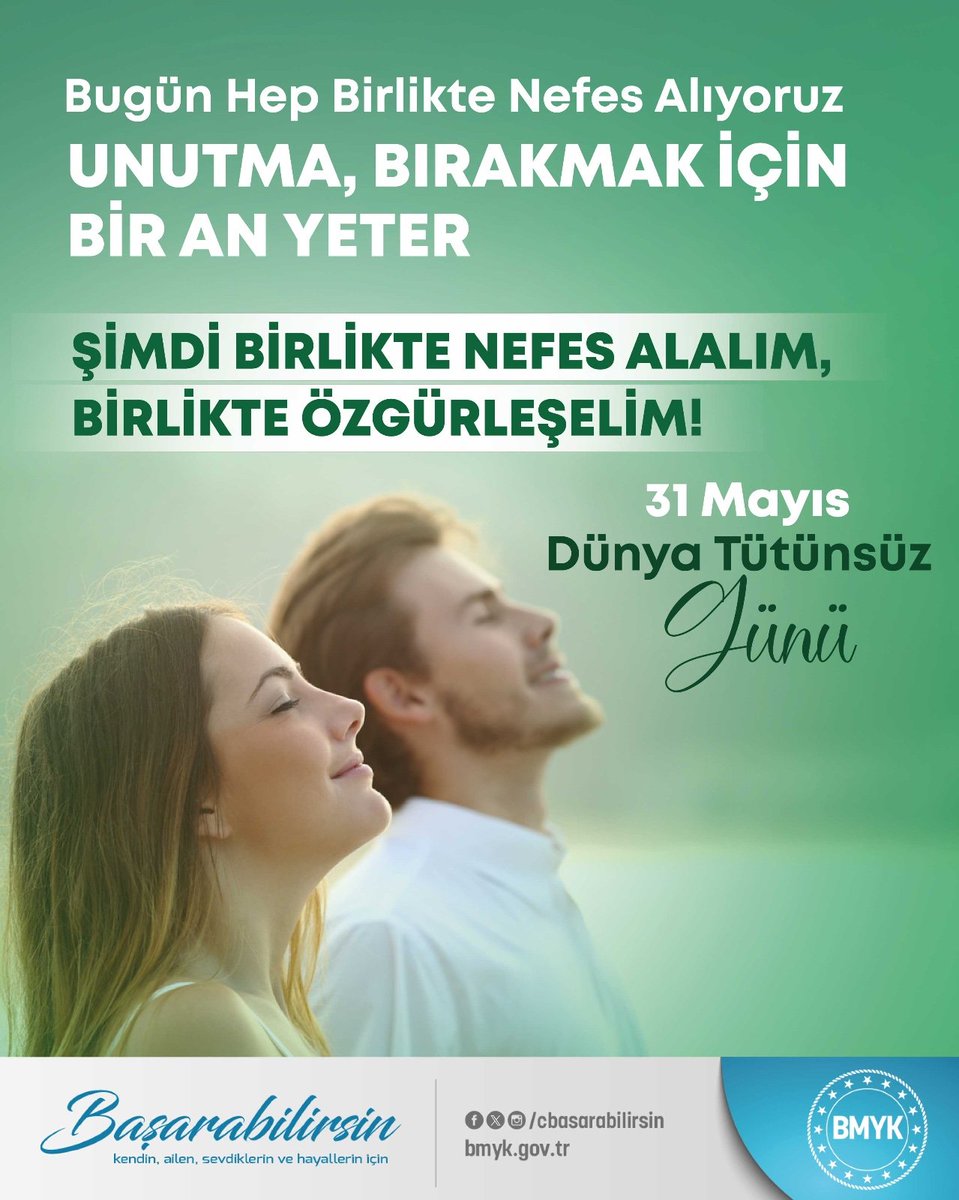 Bugün 31 Mayıs; tütün kullanımının zararları hatırlatma, sigarasız bir dünyanın mümkün olduğunu vurgulama ve bırakmaya teşvik etme günü.Unutma, bu yolculuğa çıkan binlerce insan başardı. 

Sen de #Başararabilirsin
31 Mayıs #DünyaTütünsüzGünü