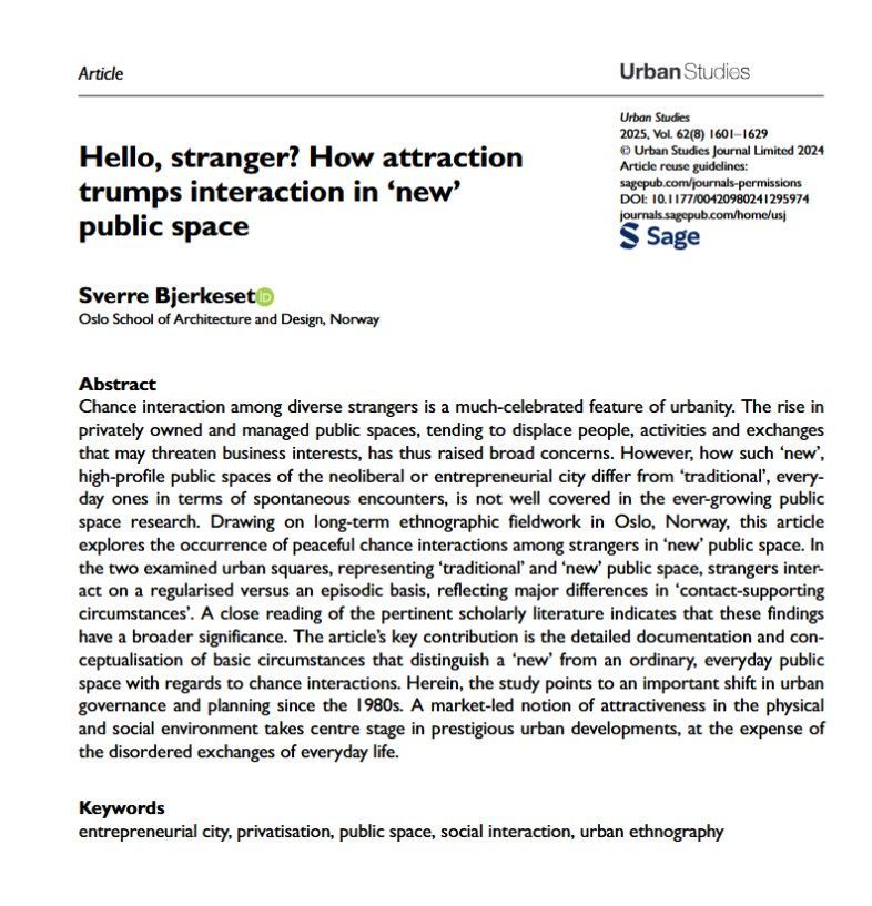 Hello, stranger? How attraction trumps interaction in ‘new’ public space by Sverre Bjerkeset

buff.ly/e9j1aQ2

#SocialInteraction #EntrepreneurialCity #UrbanEthnography