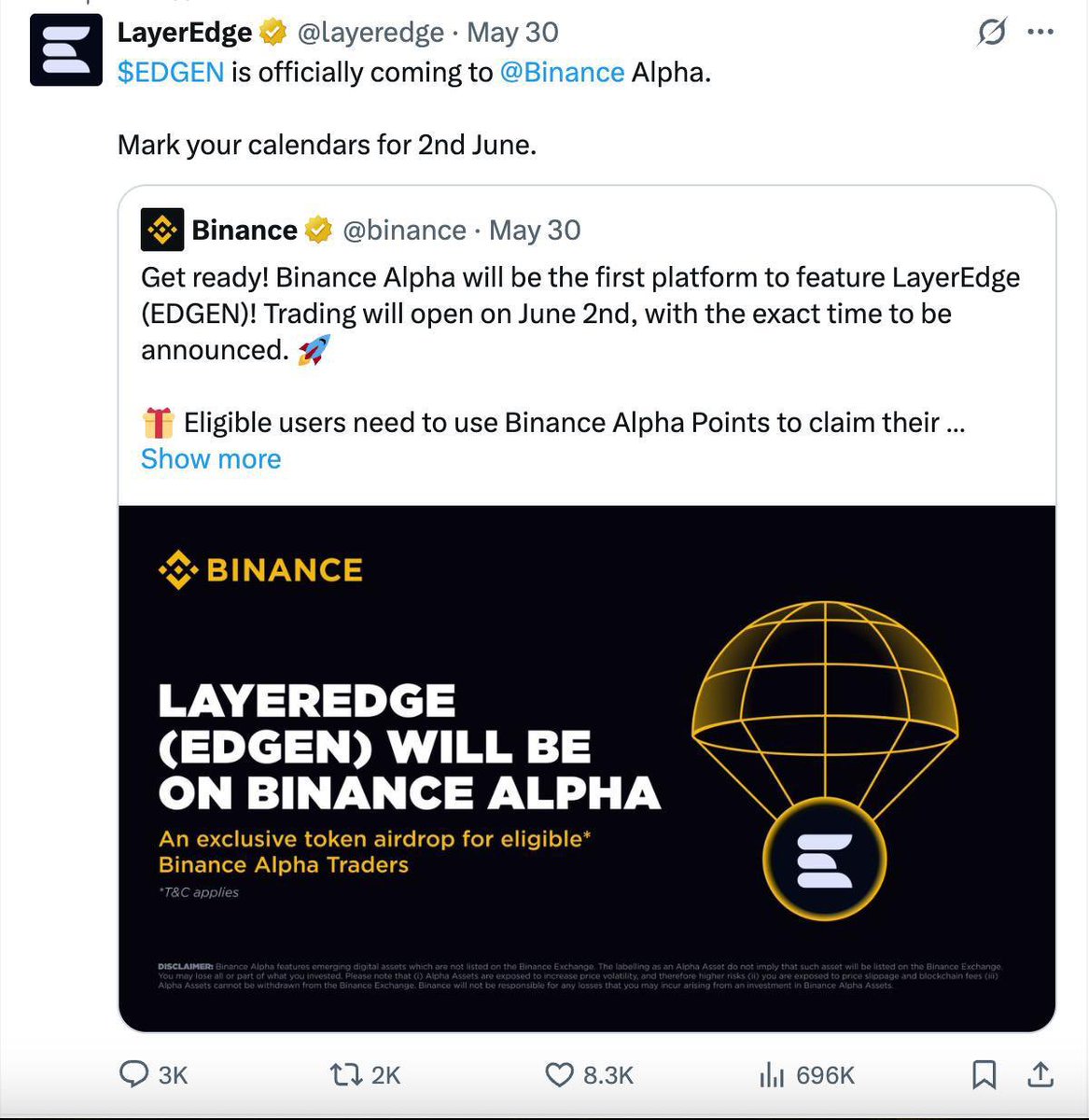 LayerEdge is officially listing on June 2.

One of the cleanest zk infra plays this cycle — Bitcoin-secured, community-first.

Still waiting for the IDO announcement, suggests a 50M token raise at $20M FDV is coming.

- Token: $EDGEN
- Total Supply: 1B
- IDO Allocation: 50M (5%)