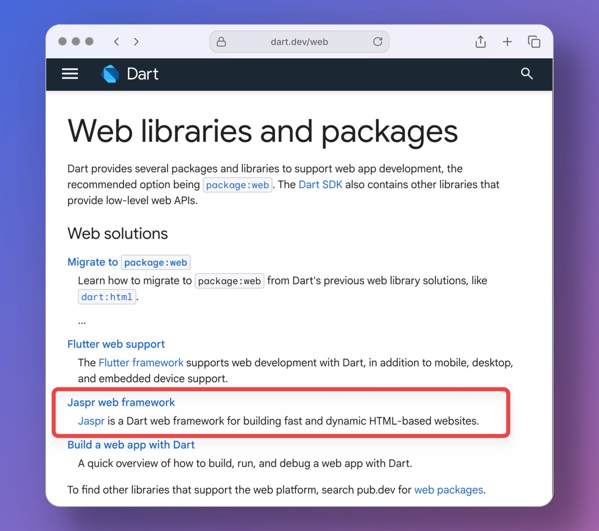 Jaspr is now mentioned on dart.dev/web as a great way to build websites with <a href="/dart_lang/">Dart Language</a> ! 🎯

It's so cool to finally see this on the official site. 🤩