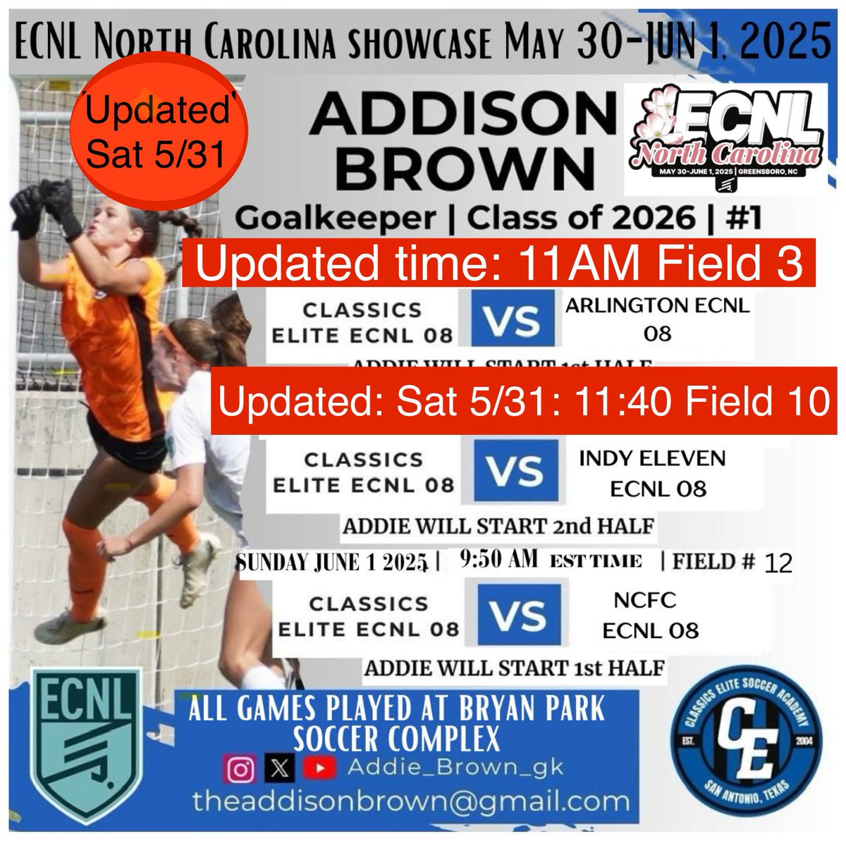 Addison Brown (@addie_brown_gk) on Twitter photo Game time/field updates for today’s #ecnlnc Saturday 5/31. <a href="/CE08gECNL/">Classics Elite 08/07 ECNL</a> <a href="/ClassicsEliteGK/">Classics Elite Goalkeeping</a> Game time/field updates for today’s #ecnlnc Saturday 5/31. <a href="/CE08gECNL/">Classics Elite 08/07 ECNL</a> <a href="/ClassicsEliteGK/">Classics Elite Goalkeeping</a>