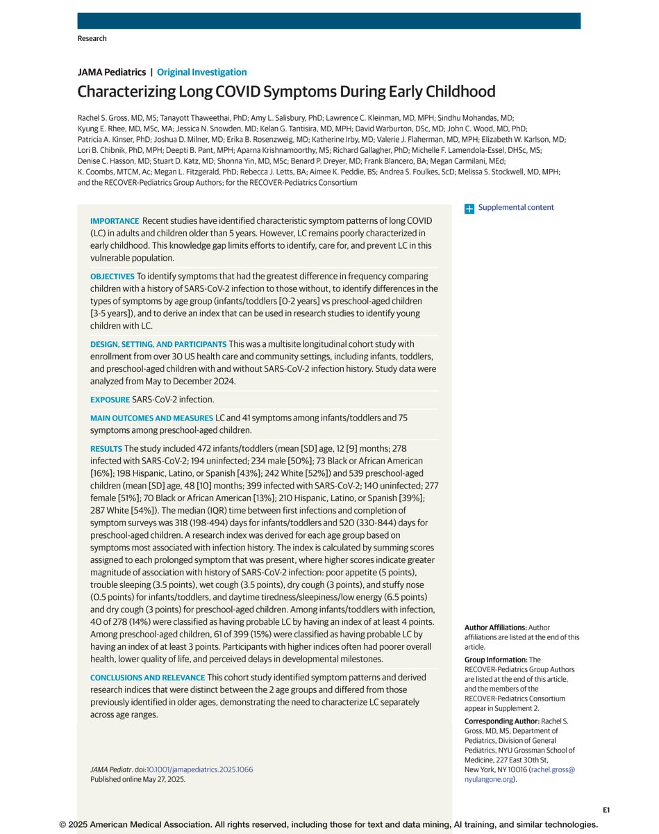 JAMA Pediatrics (@jamapediatrics) on Twitter photo Most viewed this week from <a href="/JAMAPediatrics/">JAMA Pediatrics</a>:
Distinct long COVID symptoms in infants, toddlers, and preschool-aged children were identified in this cohort study, resulting in the development of age-specific indices.
ja.ma/43jKdTE Most viewed this week from <a href="/JAMAPediatrics/">JAMA Pediatrics</a>:
Distinct long COVID symptoms in infants, toddlers, and preschool-aged children were identified in this cohort study, resulting in the development of age-specific indices.
ja.ma/43jKdTE
