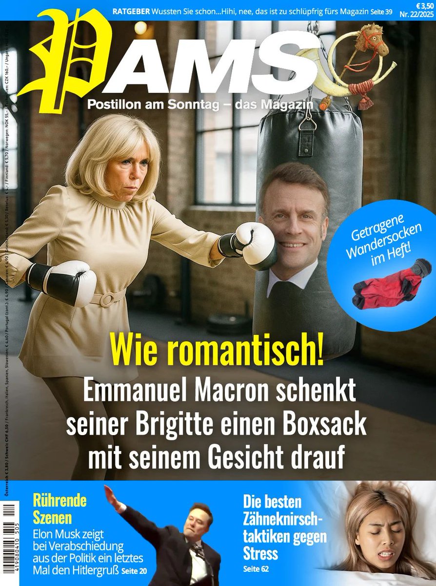 Wie romantisch! Emmanuel Macron schenkt seiner Brigitte einen Boxsack mit seinem Gesicht drauf 
#PamS
der-postillon.com/2025/05/PamS-2…