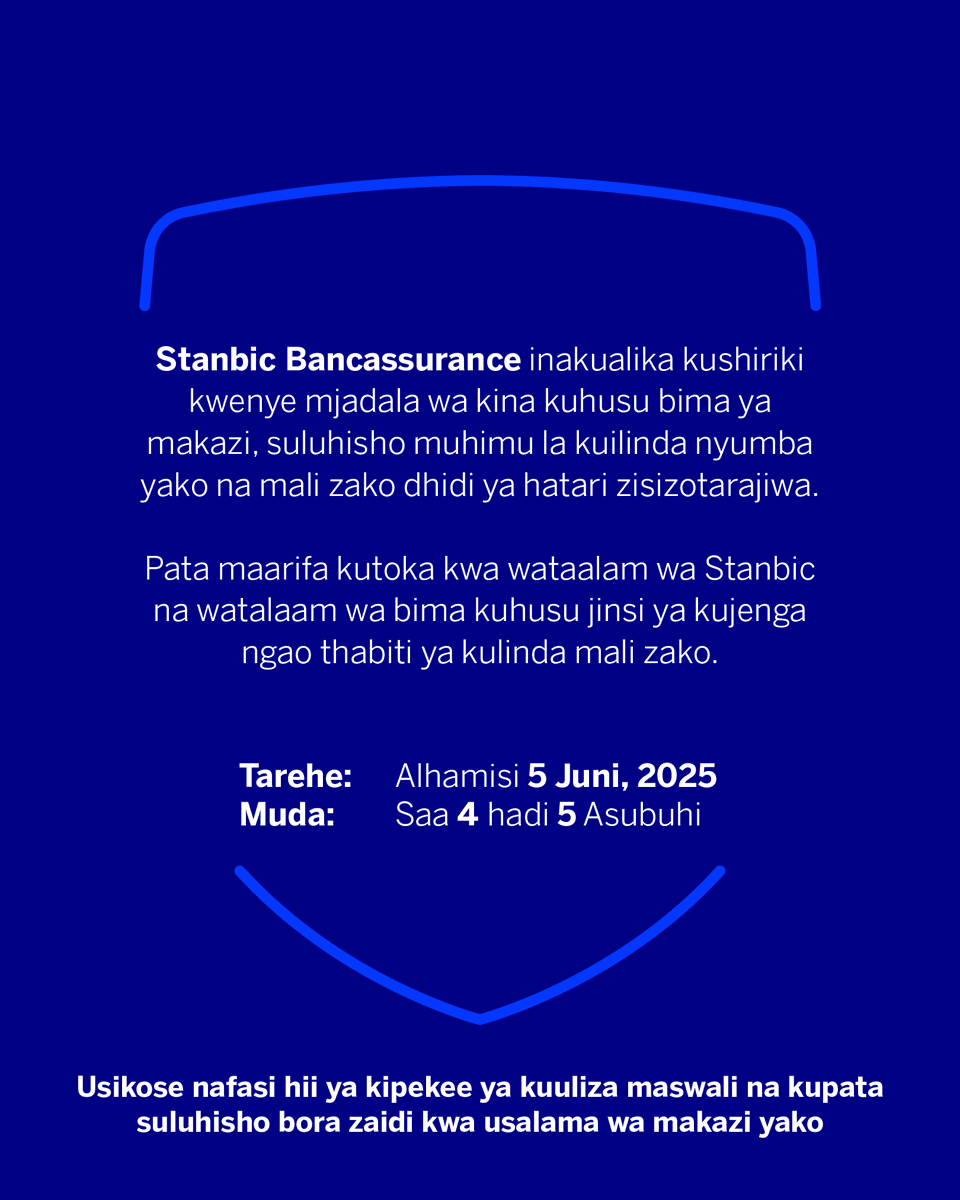 Je, unajua kuwa bima ya makazi inaweza kukulinda dhidi ya moto, mafuriko, au wizi?
Karibu kwenye mafunzo ya Bima kutoka kwa wataalam mahiri.

📅 Alhamisi, 5 Juni 2025
🕓 Saa 4 hadi 5 Asubuhi

Jiandikishe kupitia ➡️  rb.gy/9roqe1

#StanbicBancassurance