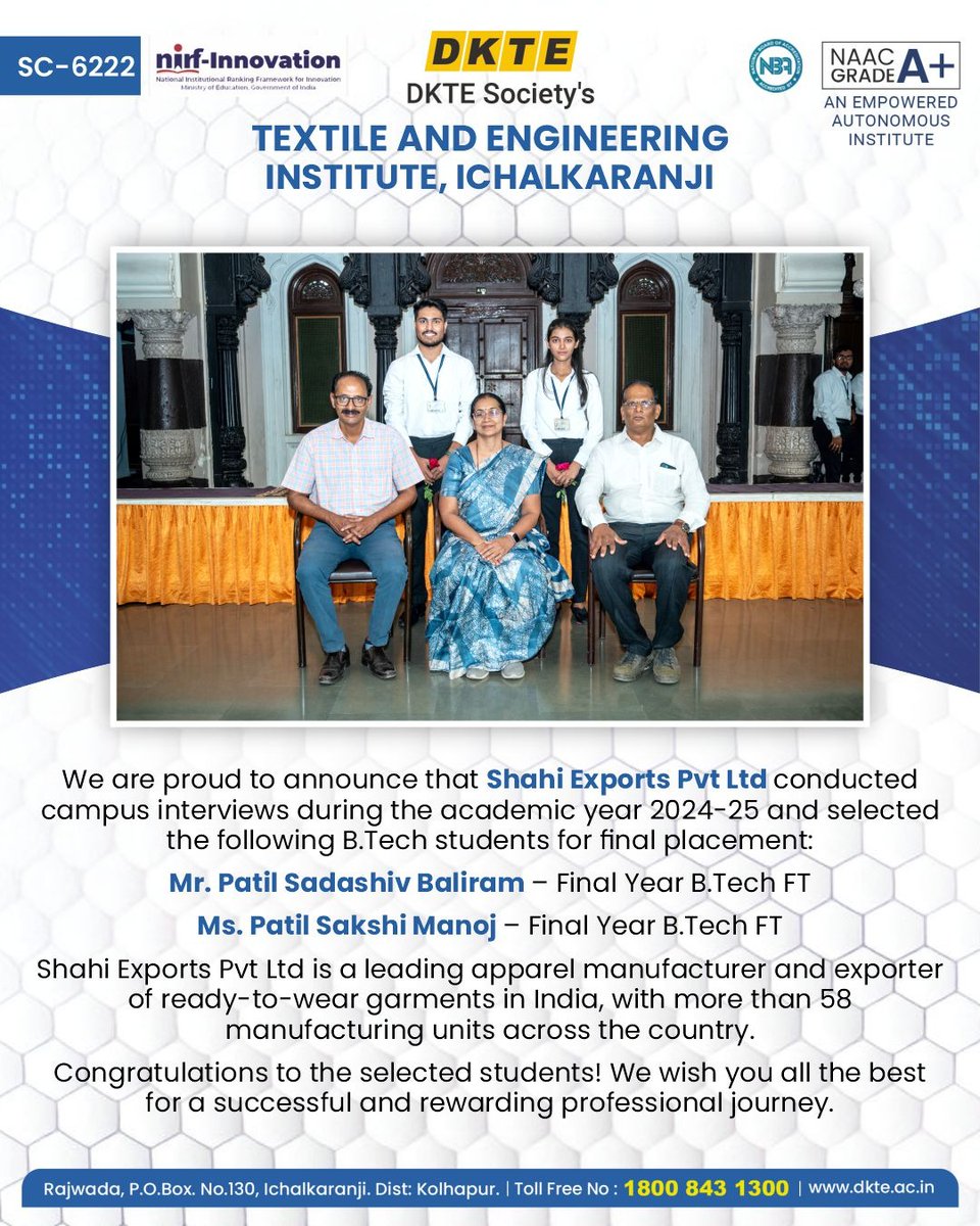dktestei's tweet photo. 🎉 Campus placement success at DKTE!
Shahi Exports Pvt Ltd. selects 2 https://t.co/9qSDNnx54c FT students for final placement 👏
Kudos to Mr. Sadashiv Patil &amp; Ms. Sakshi Patil!
Wishing you a bright and rewarding career ahead 🌟
#DKTE #CampusPlacement #ShahiExports #BTechSuccess https://t.co/nV5ea5QQES