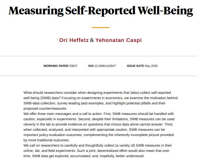 Insights on what researchers should consider when designing experiments that collect self-reported well-being data, from Ori Heffetz and Yehonatan Caspi nber.org/papers/w33847