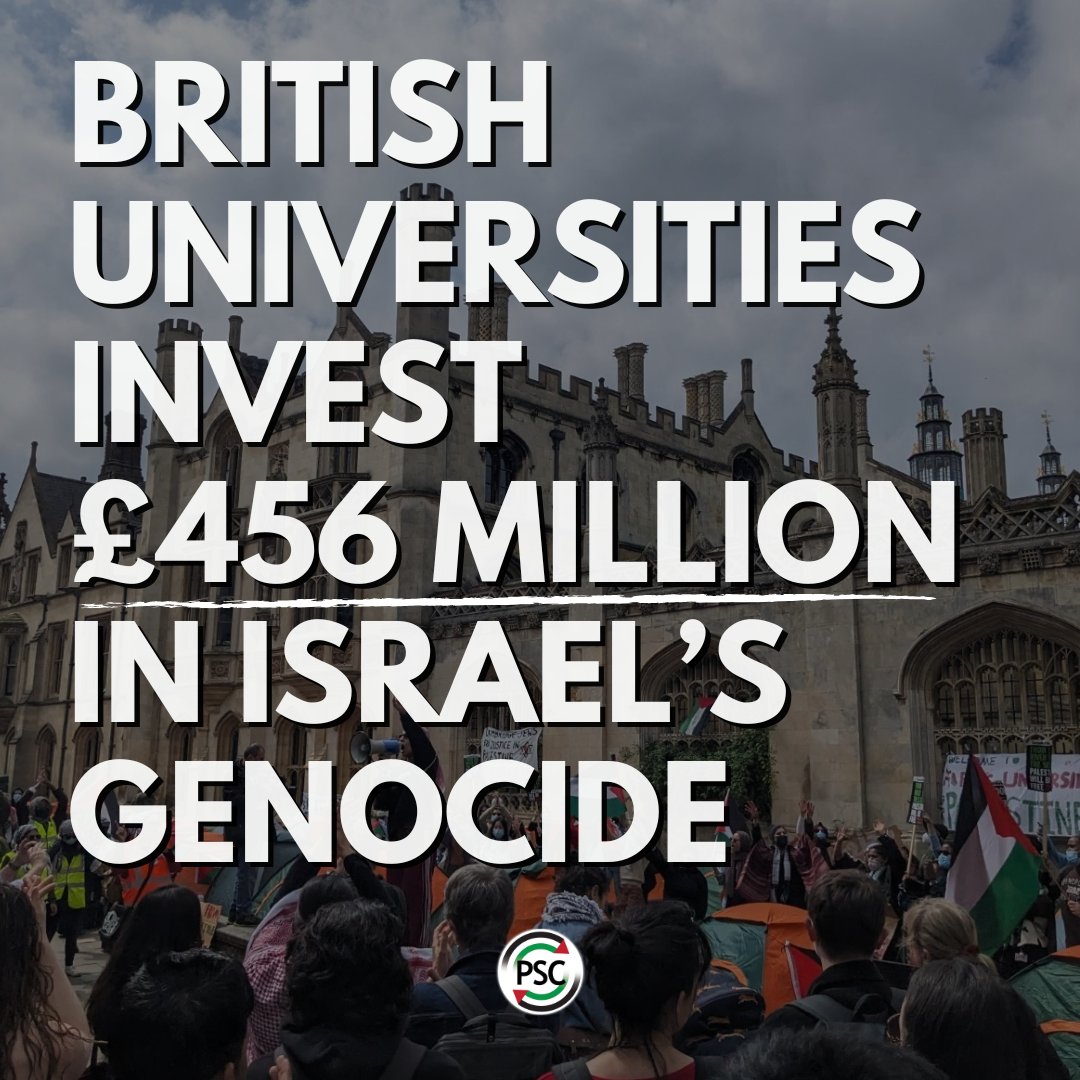 📢 PSC research has found that British universities hold nearly £460 million in investments tied to companies complicit in Israel’s oppression of Palestinians.

We must act to kick #ApartheidOffCampus!

Find your uni &amp; take action: palestinecampaign.org/campaigns/apar…