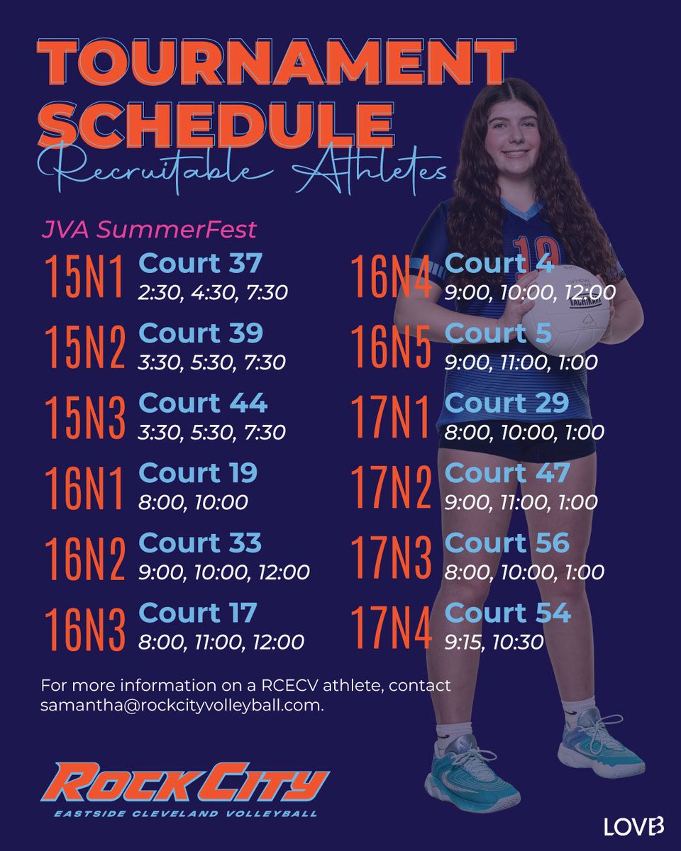 RockCity Eastside Cleveland Volleyball Recruiting (@rcecvrecruiting) on Twitter photo This Saturday’s RCECV 15-17U girls national tournament schedules at JVA SummerFest in Columbus!
For more information on a RCECV athlete please contact samantha@rockcityvolleyball.com.
#RCECV #LOVBClubs #RecruitableAthletes This Saturday’s RCECV 15-17U girls national tournament schedules at JVA SummerFest in Columbus!
For more information on a RCECV athlete please contact samantha@rockcityvolleyball.com.
#RCECV #LOVBClubs #RecruitableAthletes