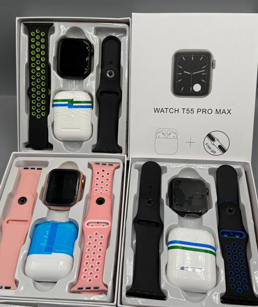 Muba2sure's tweet photo. SMART T55 PRO MAX
Comes with watch,AirPods, 2 Straps.
Features include:
● Heart rate monitoring
● Blood pressure monitoring 
● Pedometer 
● Sport mode data collection 
● Sleep  monitoring   
● Sedentary reminder                          
● Alarm clock &amp; Stopwatch https://t.co/cK65Sxpe0s