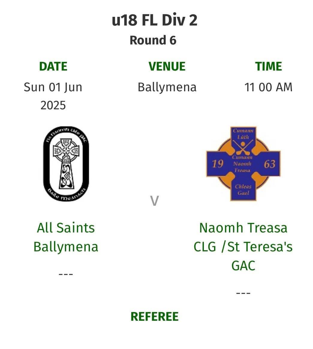 3 fixtures on Sunday 1st June;

🟡 Minor Football v Ballymena, away @ 11am
🔵 Senior Hurling v Glenarm, away, 2pm
🟡 Senior Ladies v Lámh Dhearg, home @ 6.30pm

Good luck to all teams!