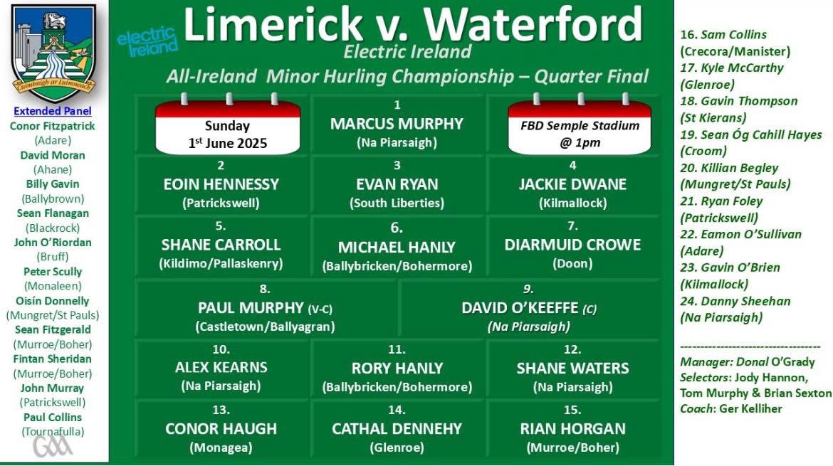 Best of luck to Michael and Rory Hanly and the Limerick Minor Hurlers tomorrow. 

💚🤍 x 💜💛