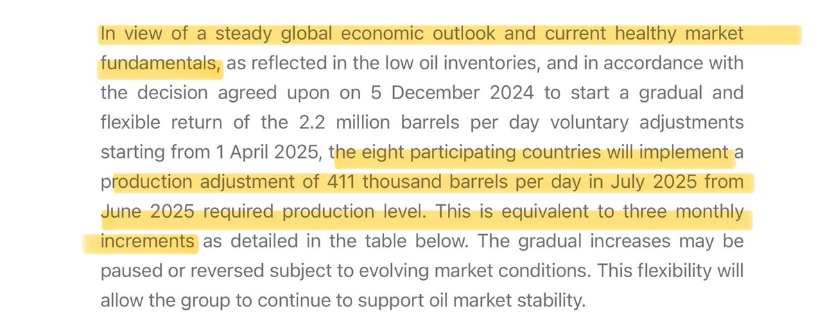 The eight OPEC+ nations under “voluntary” output cuts agree another large increase, boosting output by 411,000 b/d for July. The discussion suggests deep divisions among the countries, and the frustration of the Saudis with the group | #OOTT 

Comuniqué: opec.org/pr-detail/566-…