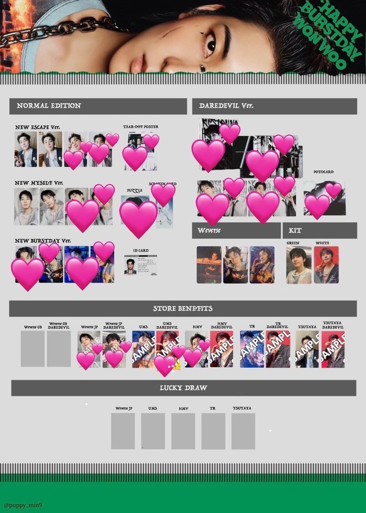 SEVENTEEN セブチ HAPPY BURSTDAY 特典 トレカ 交換 ラキドロ hmv タワレコ weverse ウィバス ユニバ 

【譲】　画像1枚目

【求】　💕以外のウォヌ

特典⇄特典
異種になるので難しいと思いますが条件の合う方いましたらお気軽にお声掛けください。
ウジトレカは2:1可能です。

郵送にて交換