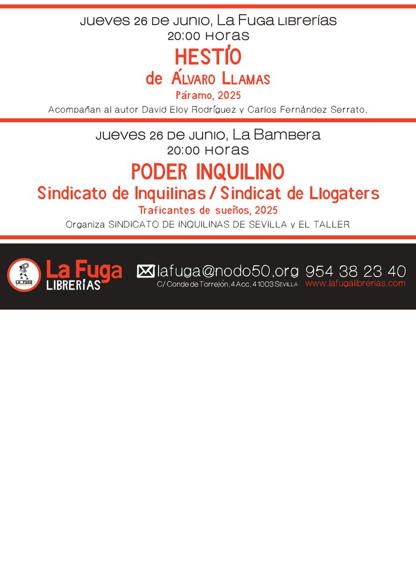 La Fuga librerías (@lafugalibrerias) on Twitter photo EMPIEZA JUNIO; ahora por las tardes estaremos de 18h a 21h, y os compartimos los enredos, seguramente ya los últimos antes del parón estival...
con <a href="/_filco/">FILOSOFÍA&CO</a> <a href="/silexediciones/">Silex ediciones</a> <a href="/PaquiMaqueda/">Paqui Maqueda</a> <a href="/HojadLata/">Hoja de Lata Editorial</a> <a href="/FranGMatute/">Fran G. Matute</a> <a href="/EdAlmadiaEs/">Editorial Almadía España</a> <a href="/inquilinatoSEV/">Sindicato de Inquilinas e Inquilinos de Sevilla</a> <a href="/Traficantes_Ed/">@traficantes-ed.bsky.social</a> EMPIEZA JUNIO; ahora por las tardes estaremos de 18h a 21h, y os compartimos los enredos, seguramente ya los últimos antes del parón estival...
con <a href="/_filco/">FILOSOFÍA&CO</a> <a href="/silexediciones/">Silex ediciones</a> <a href="/PaquiMaqueda/">Paqui Maqueda</a> <a href="/HojadLata/">Hoja de Lata Editorial</a> <a href="/FranGMatute/">Fran G. Matute</a> <a href="/EdAlmadiaEs/">Editorial Almadía España</a> <a href="/inquilinatoSEV/">Sindicato de Inquilinas e Inquilinos de Sevilla</a> <a href="/Traficantes_Ed/">@traficantes-ed.bsky.social</a>