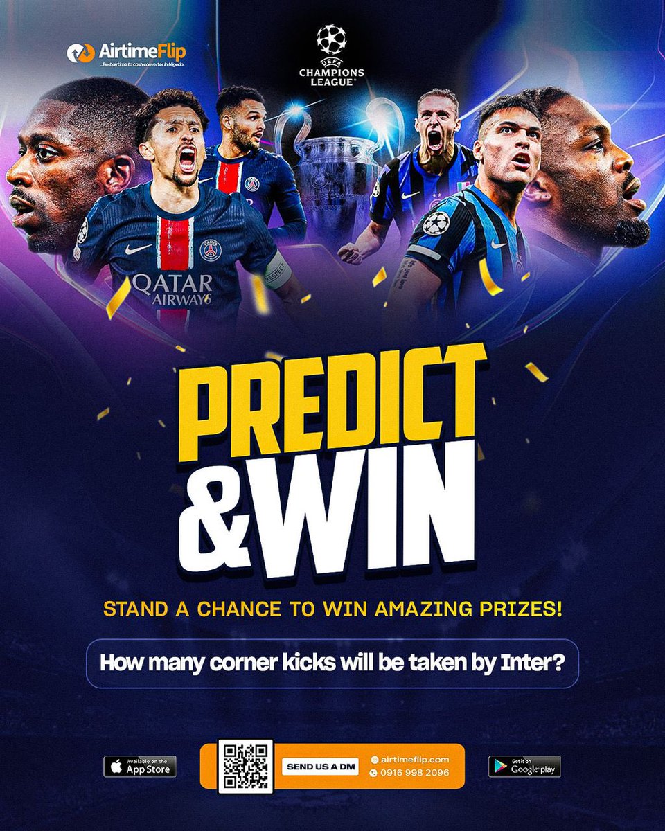 airtimeflip's tweet photo. ๐ INTER MILAN CORNER KICK CHALLENGE! ๐
How many corner kicks will Inter take tonight? ๐คโฝ
Your prediction could win you incredible prizes! ๐
๐ธ Don't forget to top up your betting wallet through AirtimeFlip for seamless transactions!
#InterMilan #ChampionsLeague #CornerKicks https://t.co/Flq3aVIOgo