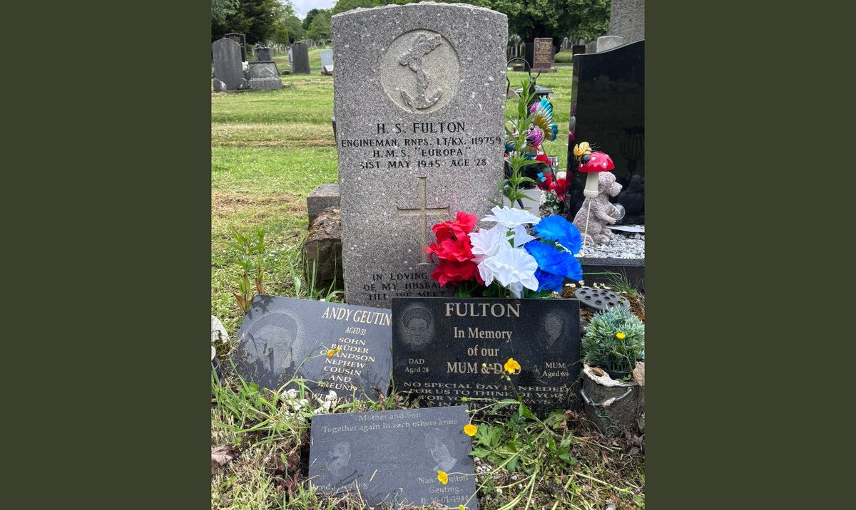 KeyserSosse (@keysersosse) on Twitter photo Engineman Hugh Scullion Fulton, from Paisley, and of The Royal Naval Patrol Service, died on active service, on 31st May, 1945, aged 28 years old
We laid flowers and paid respects at his final resting place in Hawkhead Cemetery, Paisley
Lest we Forget this brave man ๐ด๓ ง๓ ข๓ ณ๓ ฃ๓ ด๓ ฟ ๐ฌ๐ง Engineman Hugh Scullion Fulton, from Paisley, and of The Royal Naval Patrol Service, died on active service, on 31st May, 1945, aged 28 years old
We laid flowers and paid respects at his final resting place in Hawkhead Cemetery, Paisley
Lest we Forget this brave man ๐ด๓ ง๓ ข๓ ณ๓ ฃ๓ ด๓ ฟ ๐ฌ๐ง
